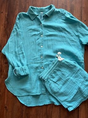 LOFT Teal Button-Down Gauze Shirt and Shorts Summer Set